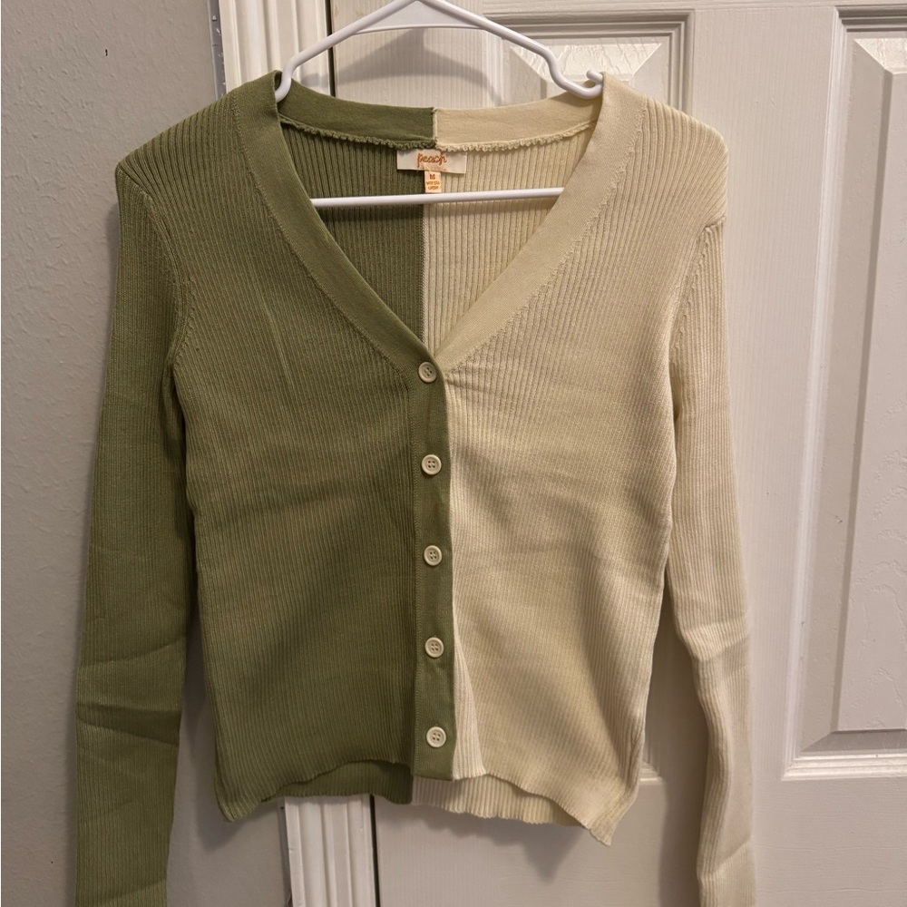 Green and Cream Two-Tone Knit Cardigan Sweater